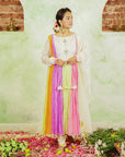 A women wearing Multicolor Anarkali Kurta Set with Dupatta.