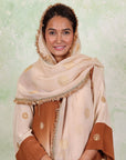 A women wearing beige and brown colored Kurta Set with Dupatta.