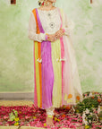 A women wearing Multicolor Anarkali Kurta Set with Dupatta.