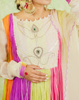 A women wearing Multicolor Anarkali Kurta Set with Dupatta.