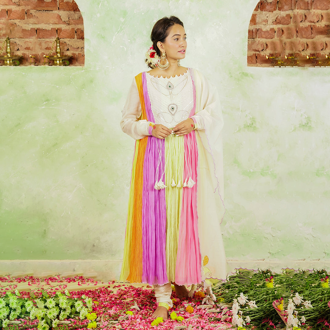 A women wearing Multicolor Anarkali Kurta Set with Dupatta.