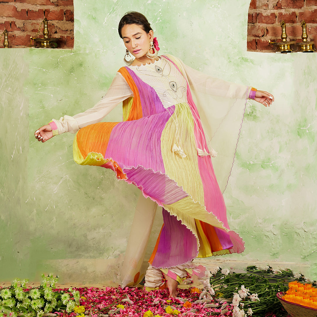 A women wearing Multicolor Anarkali Kurta Set with Dupatta.