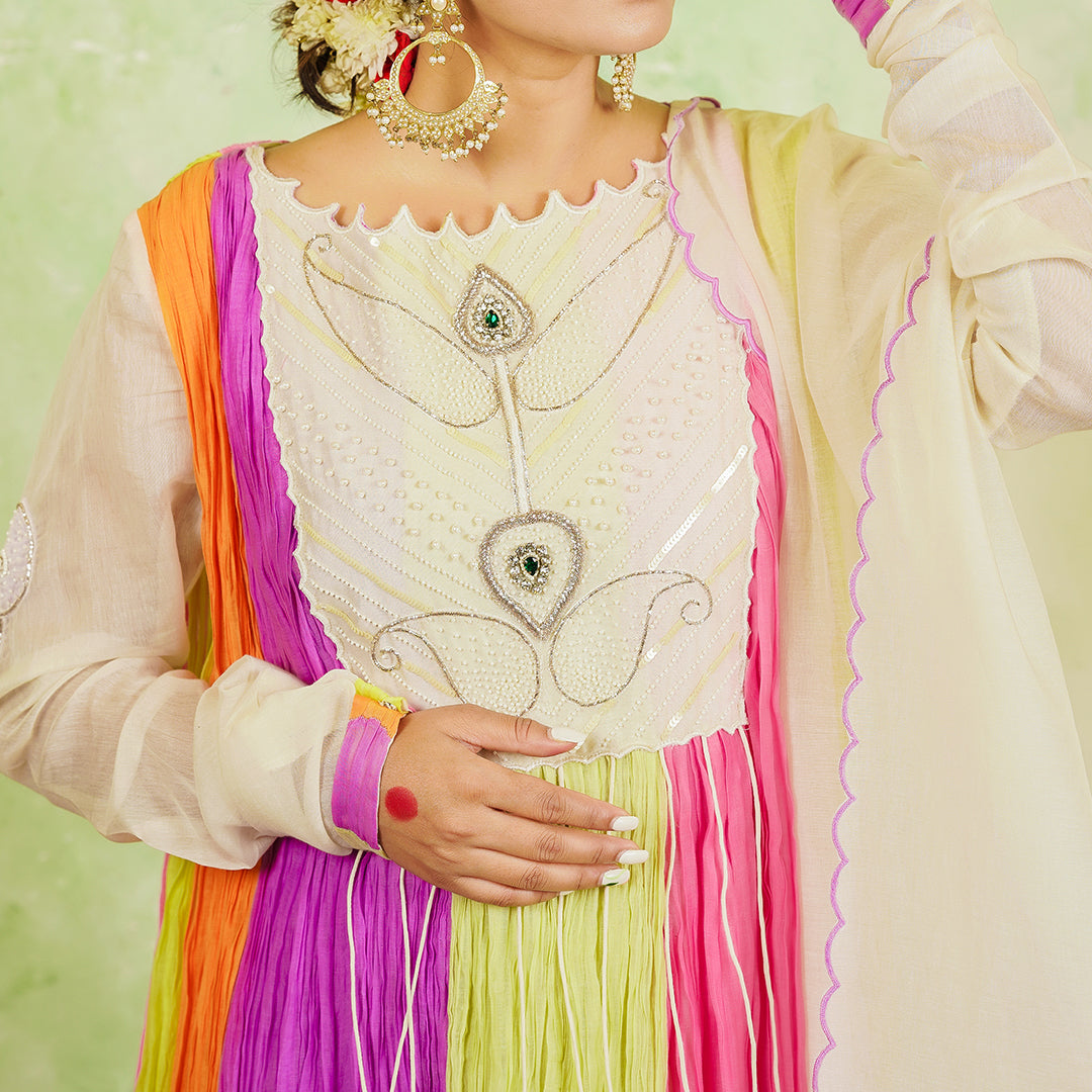 A women wearing Multicolor Anarkali Kurta Set with Dupatta.