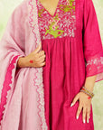 A woman wearing Pink Colored Silk Kurta Set with Organza Dupatta.