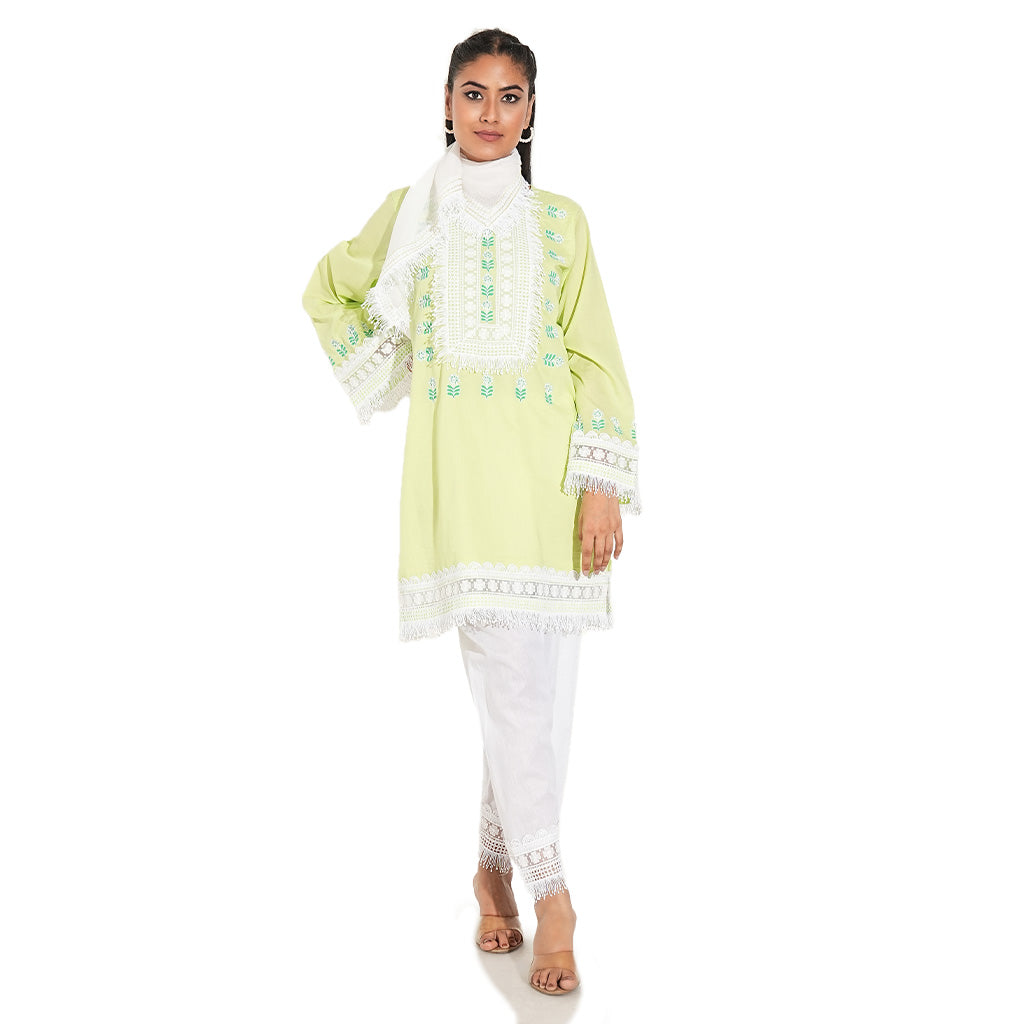 A women wearing light yellow kurta set with white embroidery on it with white pants and dupatta.