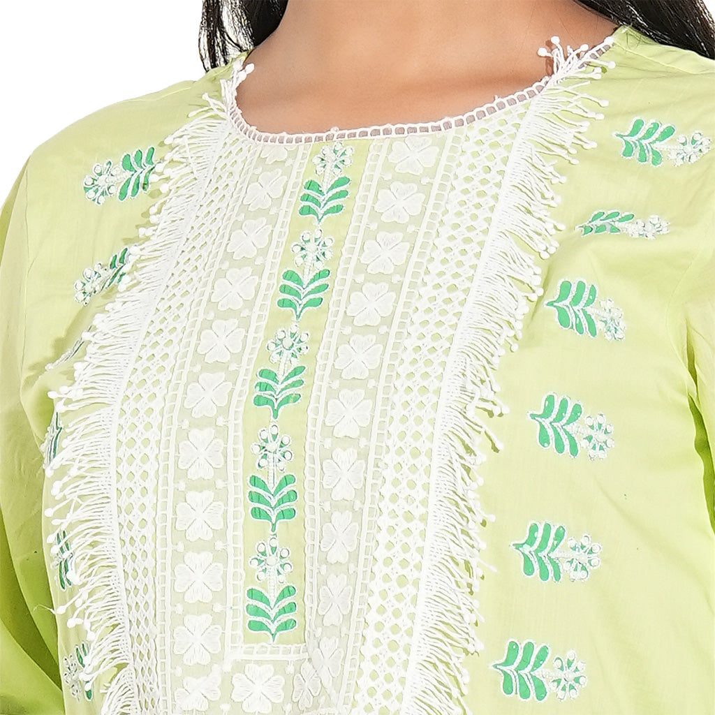 A women wearing light yellow kurta set with white embroidery on it.