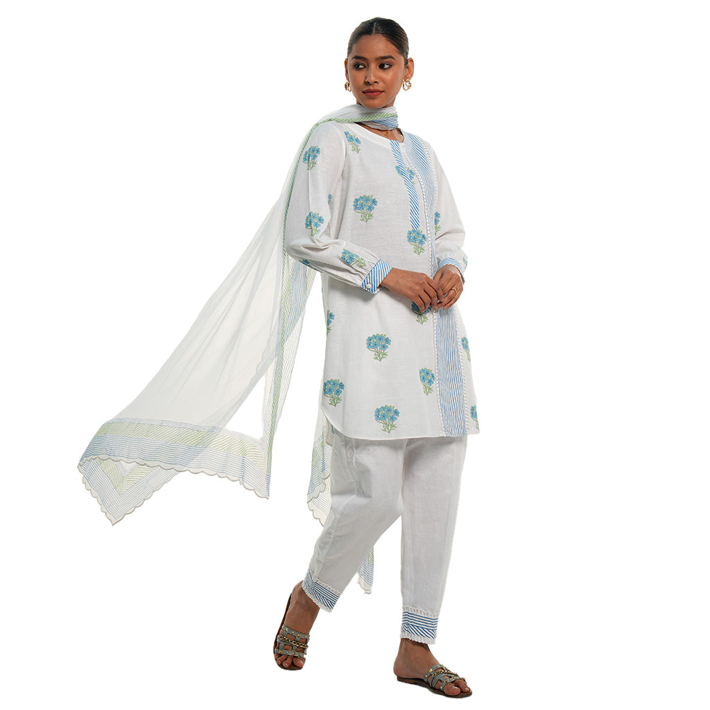 A women wearing White Kurta Set with blue colored floral print on it with Dupatta.