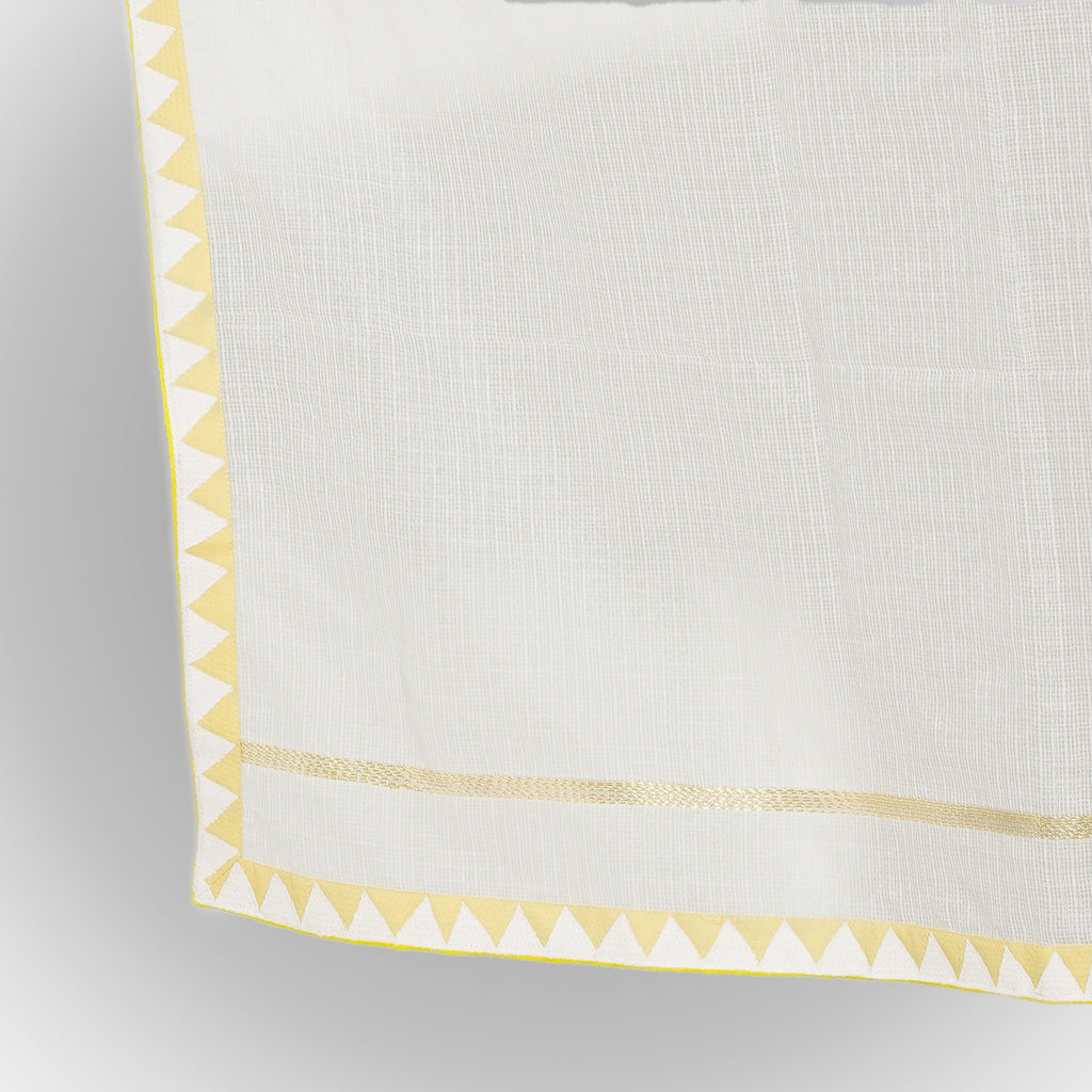 A dupatta fabric with yellow colored border in it.